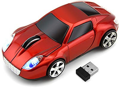 ECOiNVA Souris optique sans fil en forme de voiture de sport Tesla Roadster 2,4 GHz avec récepteur USB et éclairage LED à surface brillante Rouge