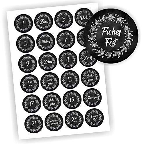 24 Aufkleber Adventskalender Zahlen Fest Weihnachten Aufkleber Sticker DIY Blätter Schwarz Tafeloptik