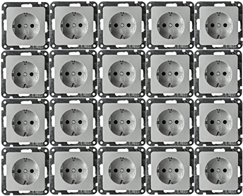 DELPHI Steckdosen Unterputz 20 Stück 230V Schutzkontakt-Steckdose mit erhöhtem Berührungsschutz Steckklemme Silber Grau