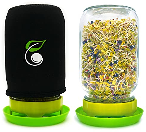 Kit di vasetti per germogliare, include vasetto a bocca larga, coperchio in rete in acciaio inox, manicotto oscurante e vassoio in plastica per realizzare semi germogli.