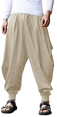 COOFANDY Hippie-Haremshose für Herren, aus Leinen, Baumwolle, Boho, Yogahose, Sommer, Strand, leger, tiefer Schritt, Khaki, Groß