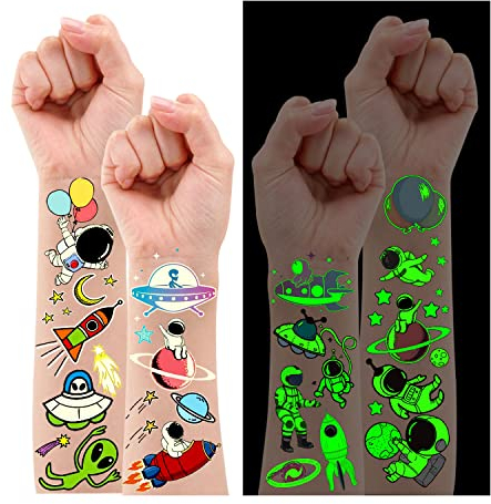 Leesgel Weltraum Tattoos für Kinder, 120 Stück Leucht Kindertattoos Weltraum Kindergeburtstag, Mitgebsel Kindergeburtstag Planeten Weltall Kinder Einschulung Junge ab 5 6 7 8 9 10 Jahre
