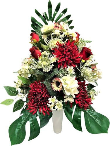 LBA Centro de Flores Artificiales para Cementerio, Preparado para Introducir en los Botes de Tumbas o Nichos. Varios Modelos. (Granate y Blanco)