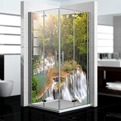 dedeco Eck-Duschrückwand wasserfest Motiv: Wasserfall V19, UV-Lack matt, 2 x 90x200 cm, Badrückwand, Fliesenersatz fugenlos Wandverkleidung Duschplatte Duschrückwände aus Aluminium, Made in Germany