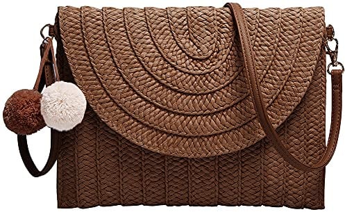 Straw Shoulder Bag Straw Clutch Women Hand-woven PomPom Straw Crossbody Bag Summer Beach Envelope Purse Wallet
