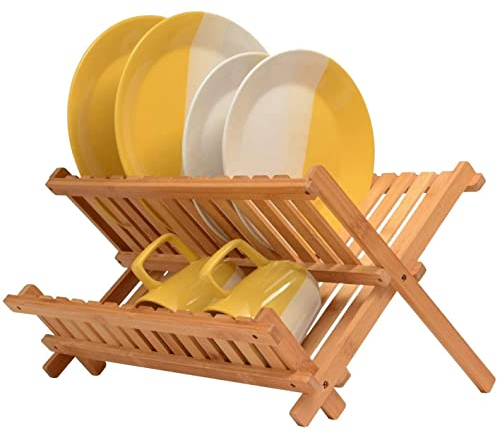Homiu Bamboo Dish Drying Rack | Folding Collapsible 2-Tier Drainer Wooden Dish Drying Rack | Kitchen Counter Top Plate Drying Rack With Cup Holder | Two-Tier Foldable Drying Rack