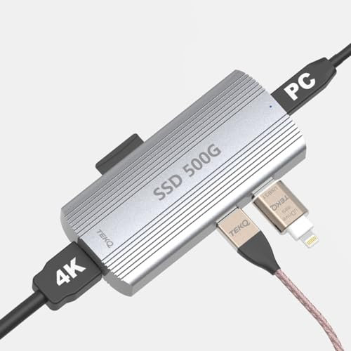 TEKQ 500G Extreme Portable External SSD + HUB 5 in 1 USB C HUB, 500G M.2 SSD, 2 x USB 3 Ports 10Gbps + HDMI + SD + External Hard Drive USB C HUB (Crucial P2 500G)