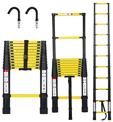 Cecaylie 3.2M Aluminium Teleskopleiter mit 2 Abnehmbarem Haken, Ausziehbar Ausziehbare Leiter, Rutschfester Mehrzweckleiter Max Belastung 150 kg (Schwarz)