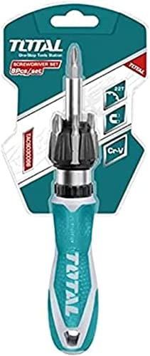 TOTAL - Destornillador Multipuntas | 7 Puntas Intercambiables | Llave Carraca de 22 Dientes | Ideal Para Apretar o Aflojar Tornillos | Mango Bimaterial | Cromo Vanadio