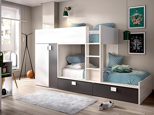 Vente-unique Etagenbett mit Kleiderschrank + Matratzen - 2X 90 x 190 cm - Weiß, Naturfarben & Anthrazit - JUANITO