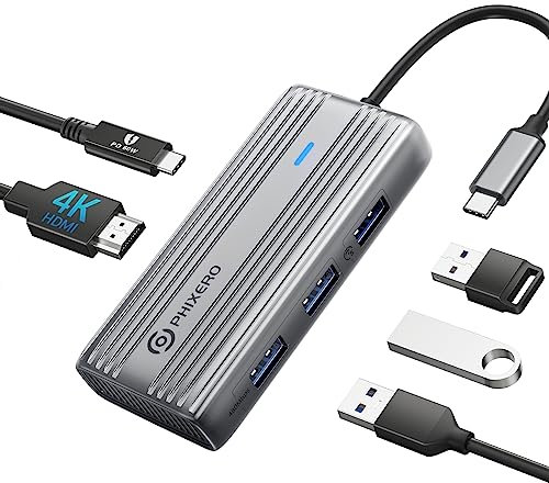 PHIXERO USB C Hub Multiport Adapter, 4K USB C Hub HDMI, 5-in-1 USB C Dongle with 4K HDMI, 60W PD Charging, USB 3.0, 2 USB 2.0 Ports, for MacBook Pro/Air, iPad Pro, USB C Laptop