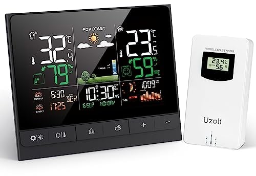 Uzoli Stazione meteo con sensore Termometro Igrometro interno esterno Orologio radiocontrollato Previsione del tempo Pressione dell'aria Fase lunare - EM3403