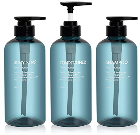 Anseom 3 Stück Shampoo Flasche zum Befüllen, Leere Plastik Seifenspender Flasche mit Pumpe, Duschgelspender für Dusche, Bad, Hotel, Nachfüllbarer Flüssigkeitsspender für Lotion, Körperseife (Blau)