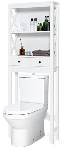 GIANTEX Étagère WC en Bois, Meuble de Rangement au Dessus des Toilettes ou Machine à Laver, Dispositif Anti-basculement, 2 Tiroirs et 2 Étagères, 60 x 20 x 165,5 cm, Blanc