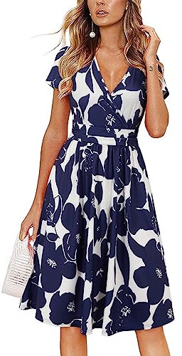 OUGES Women 2024 Summer Casual Dress V Neck Short Sleeve Ladies Spring Mothers Day Midi Dress(Floralz30-419,M)