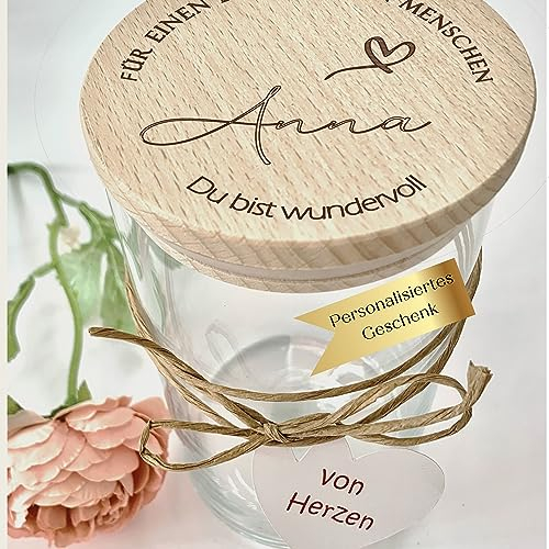 Vorratsglas personalisiert - Dankeschön Geschenke beste Freundin - Abschiedsgeschenk Kollegin - Danke Geschenk Kindergarten Erzieherin Kita - Glücksglas mit Gravur & Namen für Lehrerin (Model Anna)