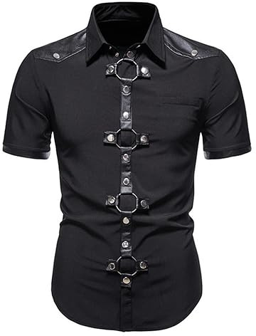 WSZJLN Männer Punk Kunstleder Patchwork Kurzarm Hemd Gothic Niete O Ring Dekor Tops für Rock Konzert Musik Festival Kleidung Hemden-Schwarz-L