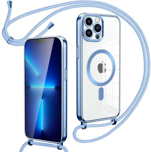Oelrstfe Cover Trasparente con Cordino per iPhone 13 Pro Max con Magnetico,Custodia Sottile Morbido Silicone con Laccio Collana Tracolla Regolabile Antiurto Case con Collana per iPhone 13 Pro Max,Blu