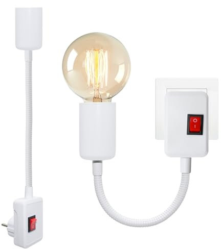 2PCS Douille avec Interrupteur, Support Ampoule E27, 9MM Grossier Flexible Col de Cygne, Blanc Lampe Prise Murale, Spot avec Prise, Lampe de Lecture Murale, Éclairage Temporaire, Sans Ampoule