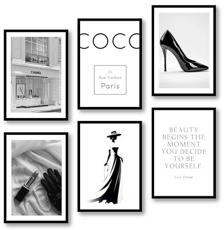 MJ-GRAPHICS® Bilder Fashion, Mood Poster Coco, Schwarz Weiß Bild Lifestyle, Wandbilder Schlafzimmer, Bilder Wohnzimmer 6xA3, Poster & Kunstdrucke, Elegante Bilder, Wandbilder Vintage ohne Rahmen
