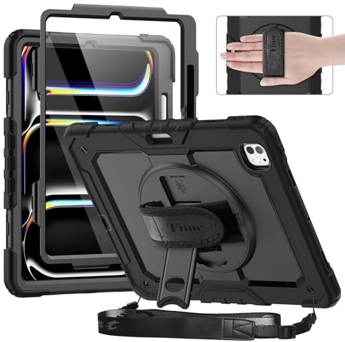 timecity Für iPad Pro 13-Zoll M4 2024 7. Generation Tasche Mit Integriertem Bildschirmschutz, 360° Drehbarem Ständer, Verstellbarem Schultergurt, Präzisen Aussparungen-Schwarz