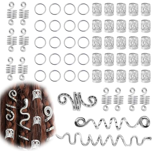 58 Stück Dreadlocks Schmuck, Haarschmuck Silber Braids Schmuck Haarringe Silber Haarperlen Verstellbar Cuffs Haarperlen, Geliefert für Damen Männer Zöpfe Dekoration