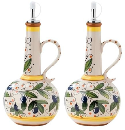 Wmool Italienische Olivenölspenderflasche aus Keramik, 652 ml, handbemalte Olivenölflaschen, dekorative Steinzeug-Olivenöl-Flasche für Küche mit Edelstahlauslauf für Öle, Saucen, Essig