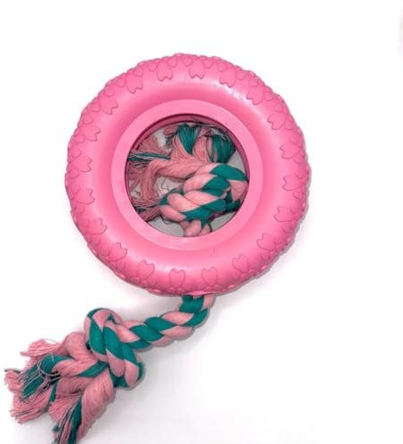 Riolino Kauring für Hunde aus Naturkautschuk – Befüllbares Kauspielzeug in Reifenoptik – Robust & zahnfreundlich für Starke Kauer – Hundespielzeug Kaureifen – Farbe: Rosa mit Seil