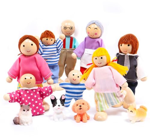 Homethrive Puppenhaus Puppen 13 Stück Puppenhaus Figuren Familie mit Katze und Hund Biegepuppen Puppenhaus Puppenfamilie Set für Puppenhaus Zubehör Kinder Spiel Haus Geschenk Holz