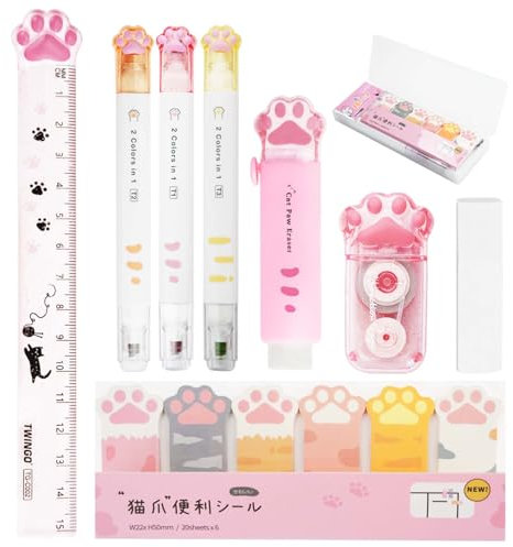 Mulaibdin Schreibwaren Set Kawaii, Cute School Stuff, Schulsachen Mädchen Aesthetic, Katzenpfoten Lineal Korrekturroller, Stifte Radiergummi Sticky Notes Katze, Stationery für Schüler,Kinder (Rosa)