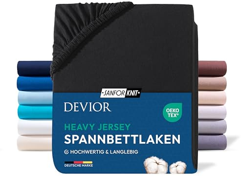 Devior Heavy Jersey Spannbettlaken 180x200cm - 200x200cm, 100% Baumwolle, Split Topper bis 10cm, Schwarz – 160 g/m² Anti-Statisches, atmungsaktives Bettlaken mit Einlaufschutz, Matratzenbezug