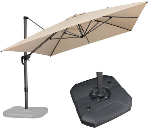 PURPLE LEAF Parasol Déporté 3 × 4 m avec Socle Lourd, Parasol de Jardin Extérieur avec Manivelle, 8 Baleines en Aluminium, Toile 240 g/m² UPF 50+, Réglable en Hauteur et Rotation à 360°, Beige