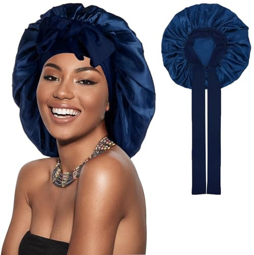 Catelves Seidenhaube zum Schlafen Lange Haare, Silk Bonnet Weiche und Bequeme, Bonnet Seide, Hair Bonnet, Schlafhaube Seide für Verstellbares Breites Band zur Befestigung am Kopf(Marineblau)