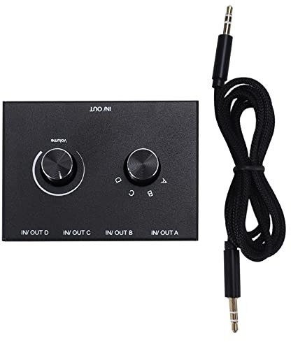 Mauedest Interruptor de audio de 4 puertos, conmutador de audio de 3,5 mm, selector de audio AUX estéreo, caja de conmutación de audio de 4 entradas, 1 salida/1 entrada, 4 salidas