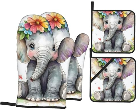 4 Pcs Baby Elephant Oven Mitts and Potholders,Kitchen Oven Glove with Pot Holders,Non-Slip Gloves High Heat Resistant 500 Degree for BBQ, Grill, Baking, Cooking, Oven, Microwave