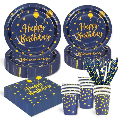 Lot de 125 assiettes Bleu et doré en carton décoration d'anniversaire pour garçon et fille, pour 25 invités assiettes en papier, gobelets, serviettes