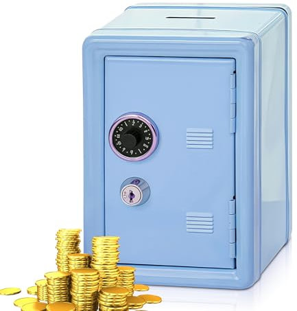 Spardose Tresor, Sparschwein mit Geldeinwurfschlitz, Mini Safe Tresor, Metall Piggy Bank, Spardosen mit 2 Schlüssel, Geldsparbox, H: 18cm L: 12cm B: 9,5cm, Sparkasse für Geldbox, Sparen (Blue)