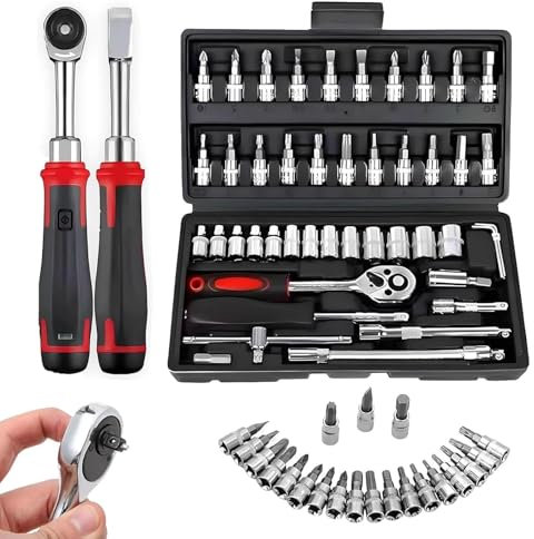 Coffret De Clés À Cliquet Fines sans Fil, Clé À Cliquet, Kit De Clés À Cliquet Électriques avec 46 Outils De Réglage, Cliquet Fin pour Réparation Automobile, Nouveau Cliquet Électrique Fin(Black)