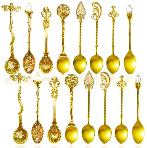 XingyLi 16 Pcs Vintage Carved Coffee Spoons, Retro Crystal Zinc Alloy Tea Dessert Spoons, Decorative Royal Stirring Spoon for Sugar Ice Cream Cake Soup Espresso Kitchen Bar Office Cafe Tableware