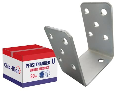 Chle-Mar Pfostenträger mit U-Bügel 90 mm aus verzinktem Stahl | Pfostenhalter für Holzpfosten & Zaunbau, Fester Balkenschuh, Pfostenanker für Zaun- & Holzbau, Pfostenschuh zum Aufschrauben