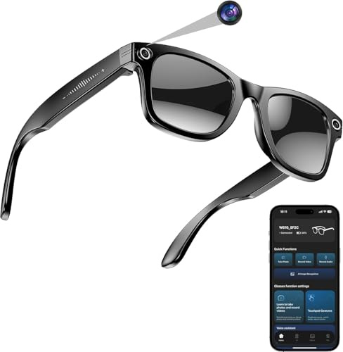 hellibito AI Smart Camera Glasses for Men Women, 4K Photography, 1080P HD Video Recording, Real-Time Translation, Open-Ear Audio (Black Frame-Black Sunglasses)