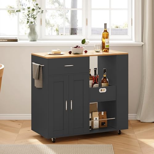 OLIVIBED Kücheninsel auf Rollen, Küchenwagen mit Schublade und 2 Türen, Kitchen Island mit Offene Fächer, Küchen Insel mit Handtuchhalter, für Küche, Esszimmer & Outdoor, 102x46x92cm, Schwarz