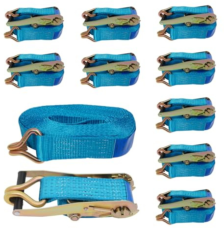 Fyssnn Lot de 10 sangles d'arrimage à cliquet de 5 tonnes avec double crochet, longueurs de 10 m, 8 m, 6 m, pour l'arrimage de charge, le transport de camion, bleu