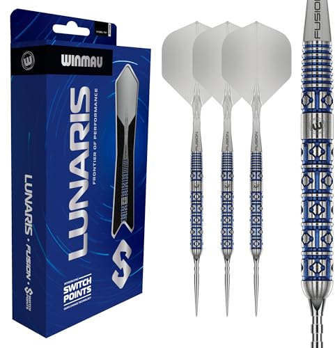 WINMAU Lunaris Darts – Profi-Darts 90 % Wolfram Dartpfeile | Blau & Silber Parallel-Barrels | Switch Point Technologie | 2 austauschbare Spitzen | Fusion Kurzschäfte & Flights | 22/23/24/25g Darts