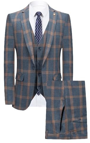 Costume Trois pièces à Carreaux pour Homme, Veste à Un Bouton, Costume de cérémonie, Smoking, Ensemble Blazer Gris et Bleu, Taille S