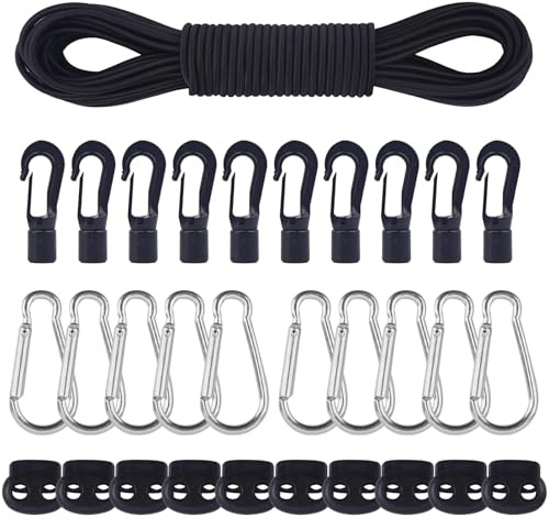 COEWUR 20 M Corda Elastica 5mm Tenditore Elastico Nero Elastico in Gomma Corde Elastiche con 10 Fermacorda a Molla 10 Gancio in Plastica 10 Moschettone per Teloni Tende Trasporto Lacci Zaino