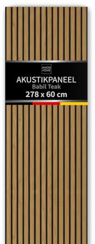 AMON 3D Akustikpaneele Holz 278x60cm Teak Babil - Wandverkleidung Akustik-Wandpaneel in Holzoptik für Wand & Decke - Lamellenwand Dekor & Schallschutz - für stilvolle Raumakustik im Wohnzimmer Büro