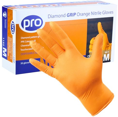PRO Diamond Grip Orange 8g Nitrile Gloves, Heavy Duty, XL - 50 Pack | Puncture-resistant, textured grip for wet/oily use. EN ISO 374 certified. Latex-free, powder-free. For Mechanics & Industry.