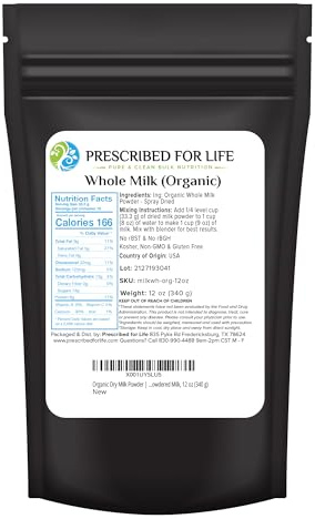 Prescribed For Life Organic Dry Milk Powder, USDA Grade A Whole Milk rBST & rBGH Free, Non GMO, Kosher, Shelf Stable Whole Milk Powder (12oz / 340g)