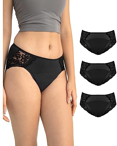 Neione Damen Periodenunterschwäsche Menstruationsunterwäsche Perioden Unterhosen mit Spitze Frauen Postpartum Hipster Unterwäsche 3er Pack Schwarz XL